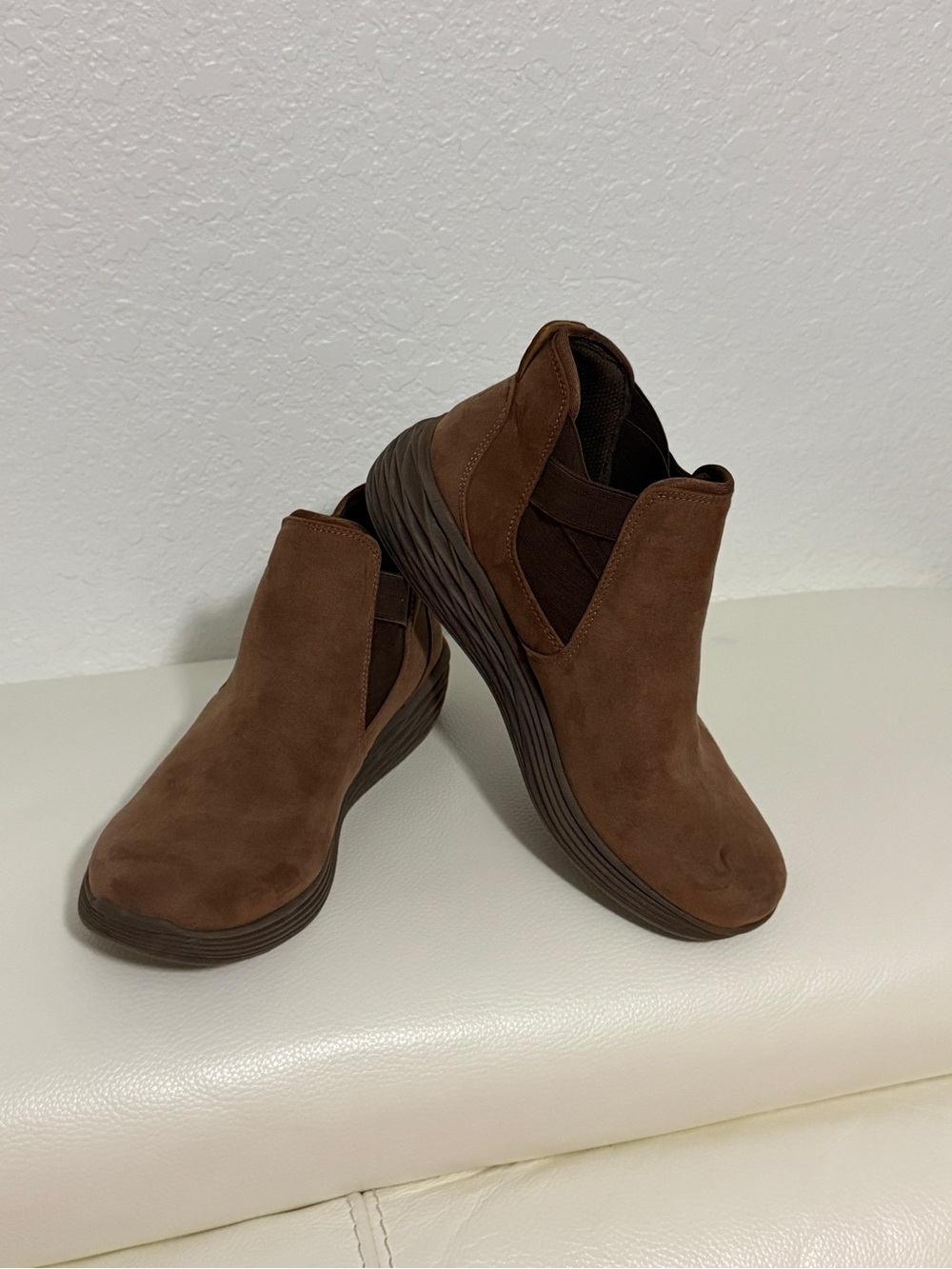 Ryka Brown Suede Slip-On Wedge Ankle Booties